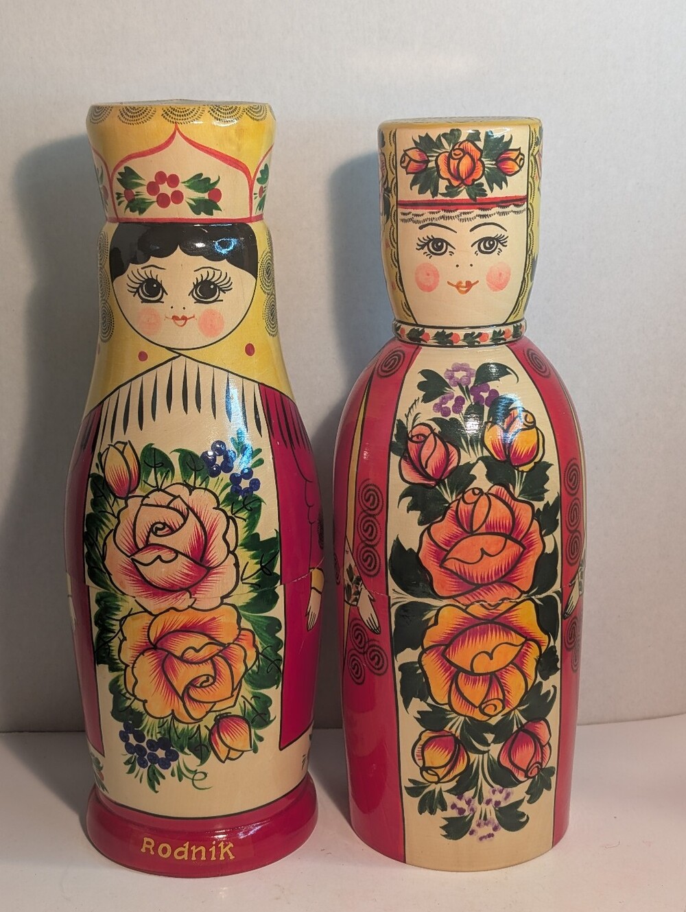 2 Handcrafted Russian Matreshka Doll Wood Wooden Rodnik Vodka Millenium Edition